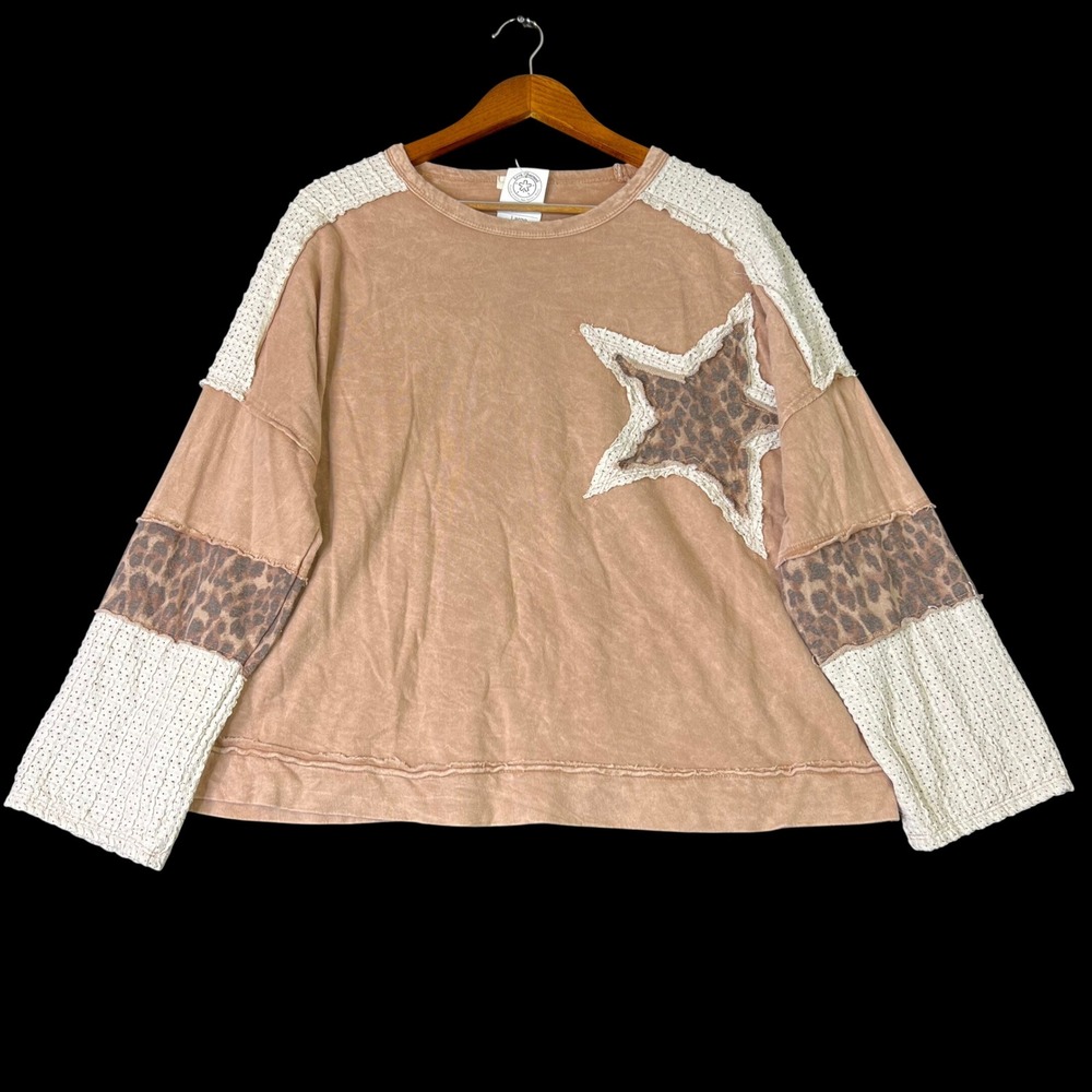 J. HER Star Patch Top Large Boho Cowgirl Pullover Sweatshirt Leopard Crochet Tan